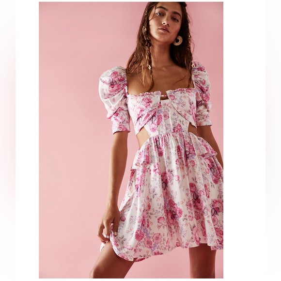 Free People For Love & Lemons Lucia Pink Rose Romantic Cutouts Mini Dress XL